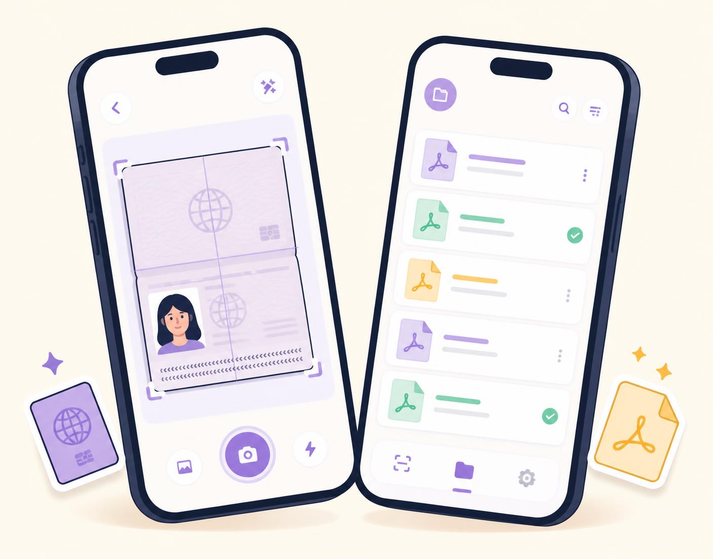 PicoDocs app screens showing a passport photo crop and a list of generated PDF files
